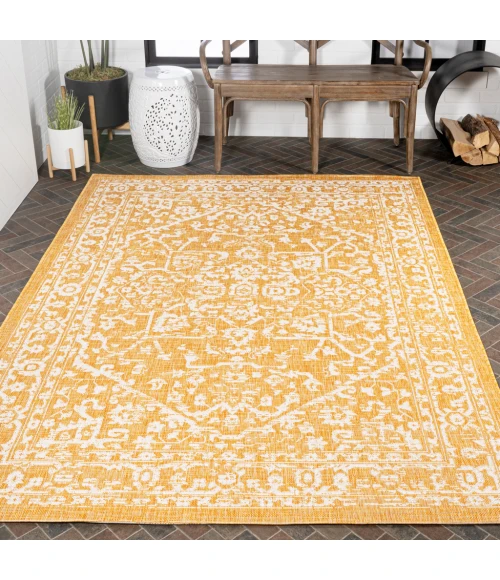 Malta Bohemian Medallion Textured Weave Yellow/Cream 8 ft. x 10 ft. Indoor/Outdoor Area Rug