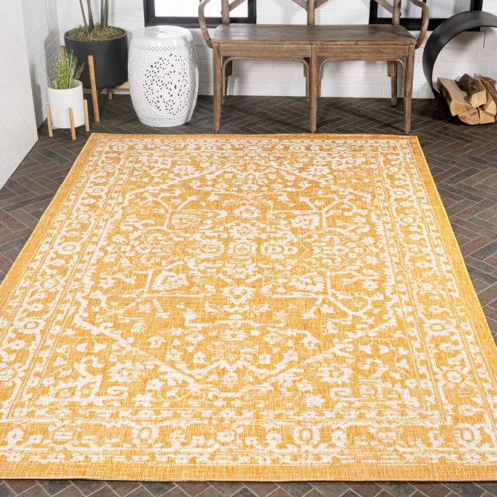 Malta Bohemian Medallion Textured Weave Yellow/Cream 9 ft. x 12 ft. Indoor/Outdoor Area Rug