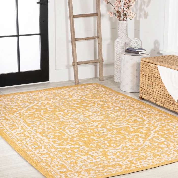 Malta Bohemian Medallion Textured Weave Yellow/Cream 9 ft. x 12 ft. Indoor/Outdoor Area Rug