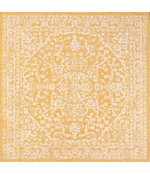 Malta Bohemian Medallion Textured Weave Yellow/Cream 5' Square Indoor/Outdoor Area Rug