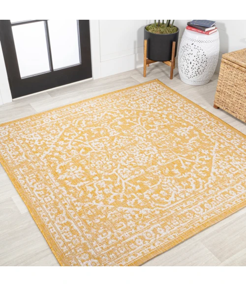 Malta Bohemian Medallion Textured Weave Yellow/Cream 5' Square Indoor/Outdoor Area Rug