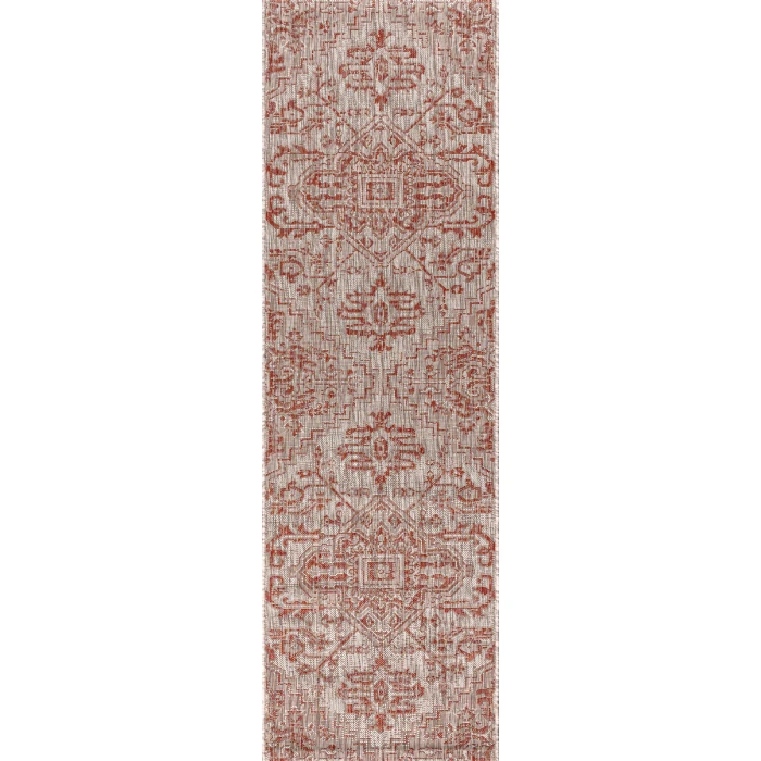 Estrella Bohemian Medallion Textured Weave Red/Taupe 2 ft. x 10 ft. Indoor/Outdoor Runner Rug