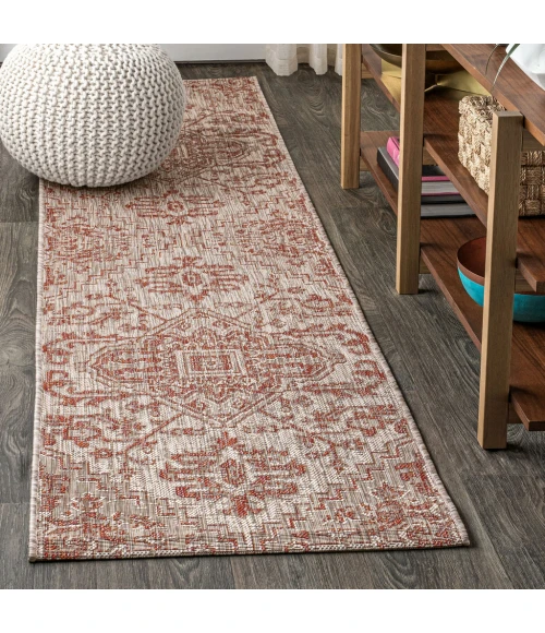 Estrella Bohemian Medallion Textured Weave Red/Taupe 2 ft. x 8 ft. Indoor/Outdoor Runner Rug
