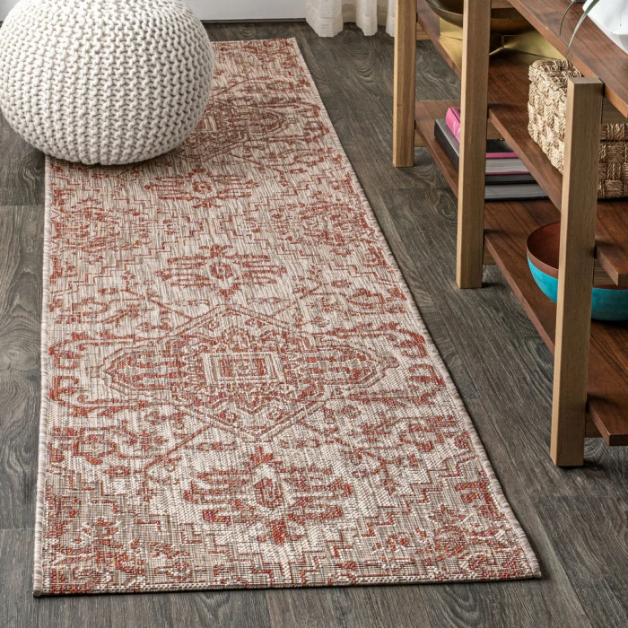 Estrella Bohemian Medallion Textured Weave Red/Taupe 2 ft. x 10 ft. Indoor/Outdoor Runner Rug