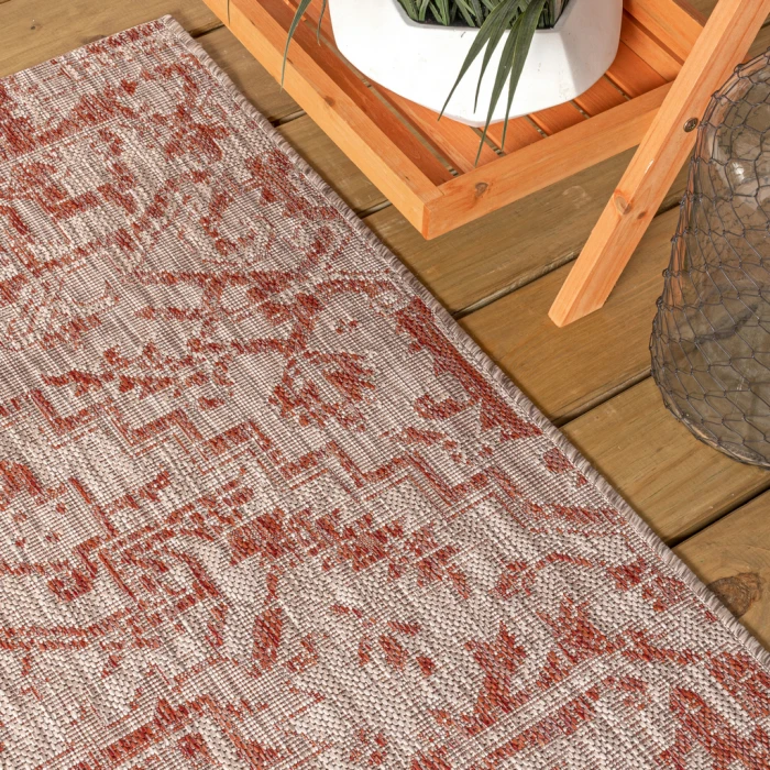 Estrella Bohemian Medallion Textured Weave Red/Taupe 2 ft. x 10 ft. Indoor/Outdoor Runner Rug
