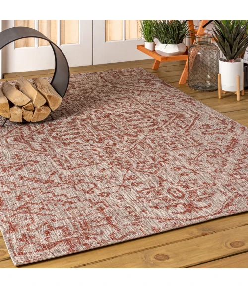 Estrella Bohemian Medallion Textured Weave Red/Taupe 4 ft. x 6 ft. Indoor/Outdoor Area Rug