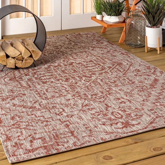 Estrella Bohemian Medallion Textured Weave Red/Taupe 3 ft. x 5 ft. Indoor/Outdoor Area Rug