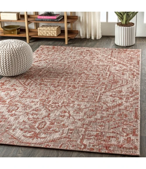 Estrella Bohemian Medallion Textured Weave Red/Taupe 4 ft. x 6 ft. Indoor/Outdoor Area Rug