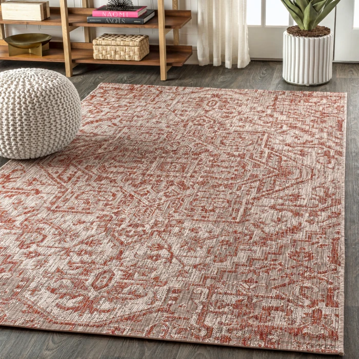 Estrella Bohemian Medallion Textured Weave Red/Taupe 3 ft. x 5 ft. Indoor/Outdoor Area Rug