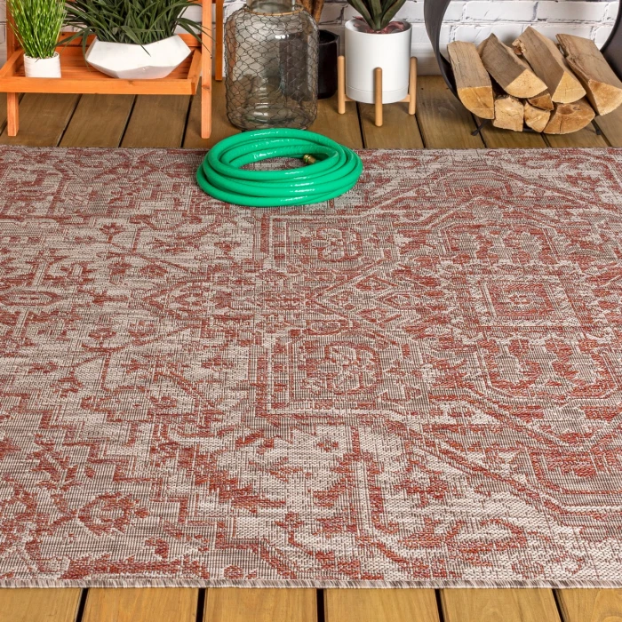 Estrella Bohemian Medallion Textured Weave Red/Taupe 3 ft. x 5 ft. Indoor/Outdoor Area Rug