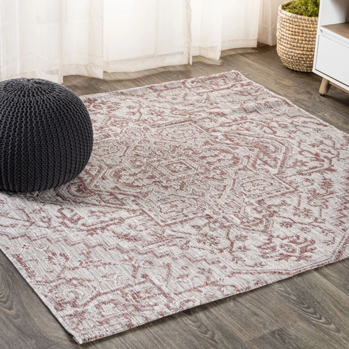 Estrella Bohemian Medallion Textured Weave Red/Taupe 5' Square Indoor/Outdoor Area Rug