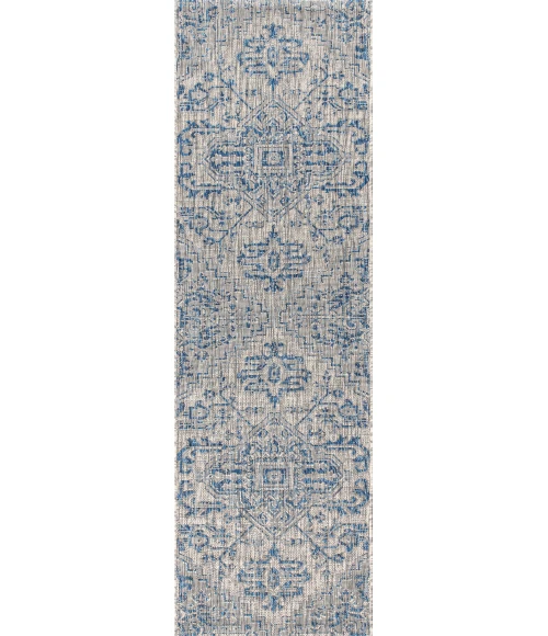 Estrella Bohemian Medallion Textured Weave Navy/Gray 2 ft. x 10 ft. Indoor/Outdoor Runner Rug