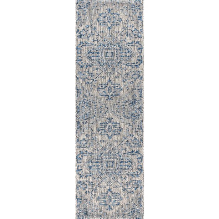 Estrella Bohemian Medallion Textured Weave Navy/Gray 2 ft. x 10 ft. Indoor/Outdoor Runner Rug