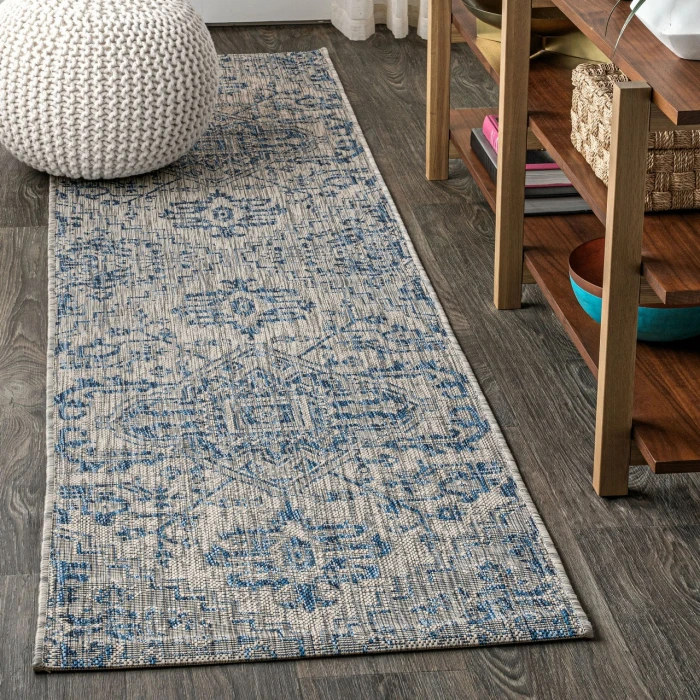 Estrella Bohemian Medallion Textured Weave Navy/Gray 2 ft. x 10 ft. Indoor/Outdoor Runner Rug