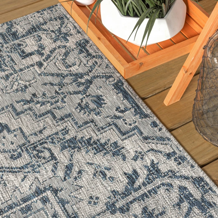 Estrella Bohemian Medallion Textured Weave Navy/Gray 5' Square Indoor/Outdoor Area Rug
