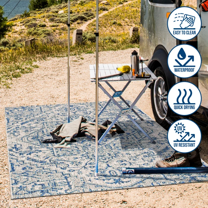 Estrella Bohemian Medallion Textured Weave Navy/Gray 5' Square Indoor/Outdoor Area Rug