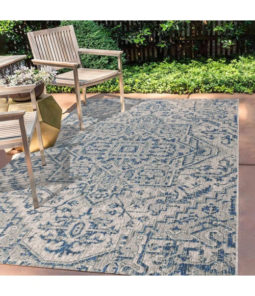 Estrella Bohemian Medallion Textured Weave Navy/Gray 9 ft. x 12 ft. Indoor/Outdoor Area Rug