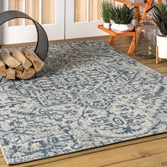 Estrella Bohemian Medallion Textured Weave Navy/Gray 3 ft. x 5 ft. Indoor/Outdoor Area Rug