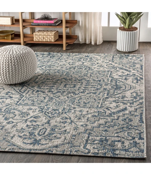 Estrella Bohemian Medallion Textured Weave Navy/Gray 9 ft. x 12 ft. Indoor/Outdoor Area Rug