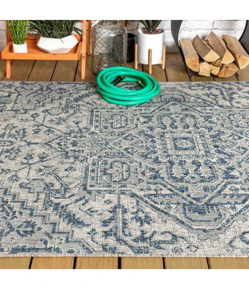 Estrella Bohemian Medallion Textured Weave Navy/Gray 9 ft. x 12 ft. Indoor/Outdoor Area Rug