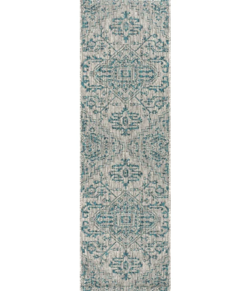 Estrella Bohemian Medallion Textured Weave Teal/Gray 2 ft. x 10 ft. Indoor/Outdoor Runner Rug
