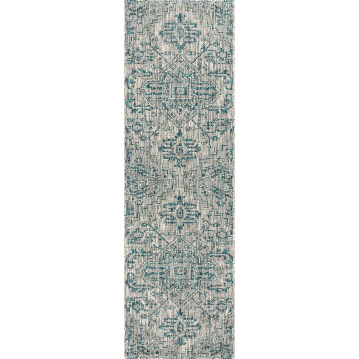 Estrella Bohemian Medallion Textured Weave Teal/Gray 2 ft. x 8 ft. Indoor/Outdoor Runner Rug
