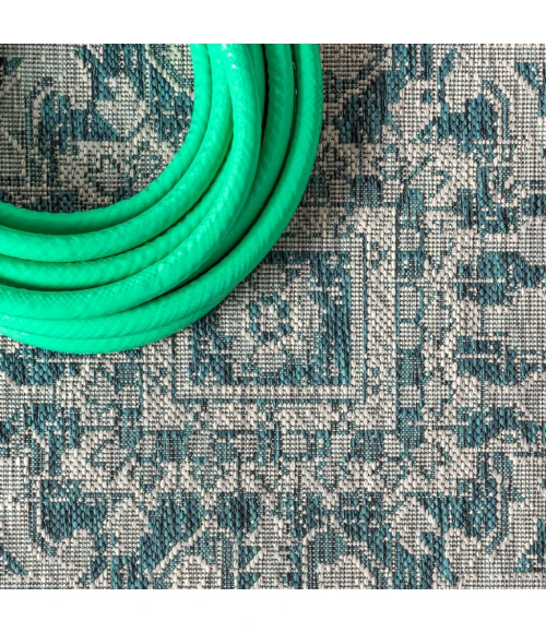 Estrella Bohemian Medallion Textured Weave Teal/Gray 5' Square Indoor/Outdoor Area Rug