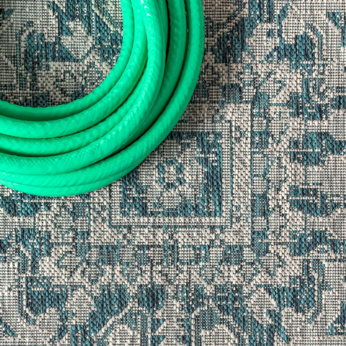 Estrella Bohemian Medallion Textured Weave Teal/Gray 2 ft. x 8 ft. Indoor/Outdoor Runner Rug