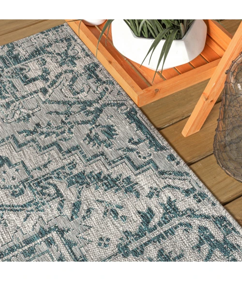 Estrella Bohemian Medallion Textured Weave Teal/Gray 5' Square Indoor/Outdoor Area Rug