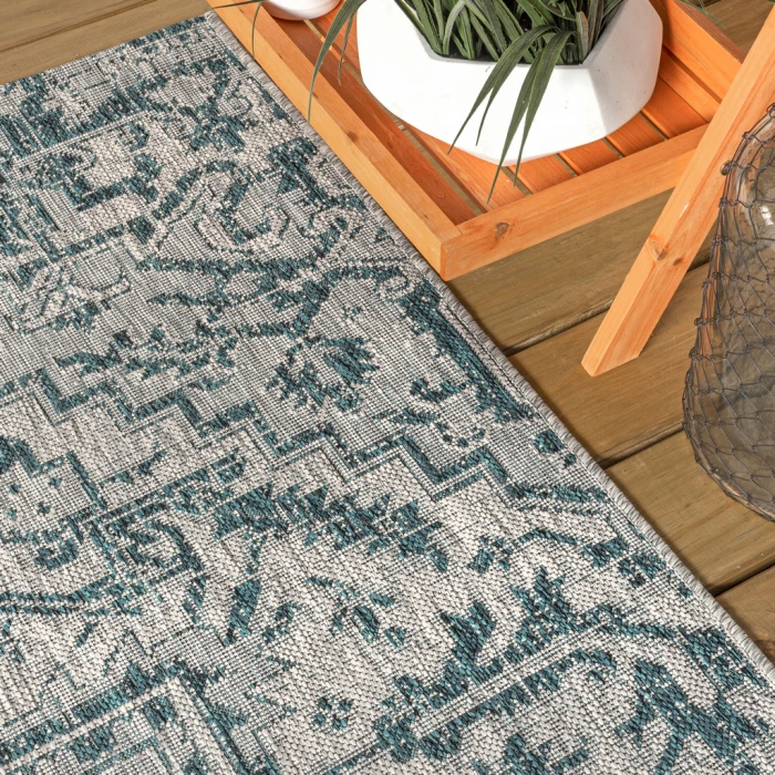 Estrella Bohemian Medallion Textured Weave Teal/Gray 2 ft. x 8 ft. Indoor/Outdoor Runner Rug