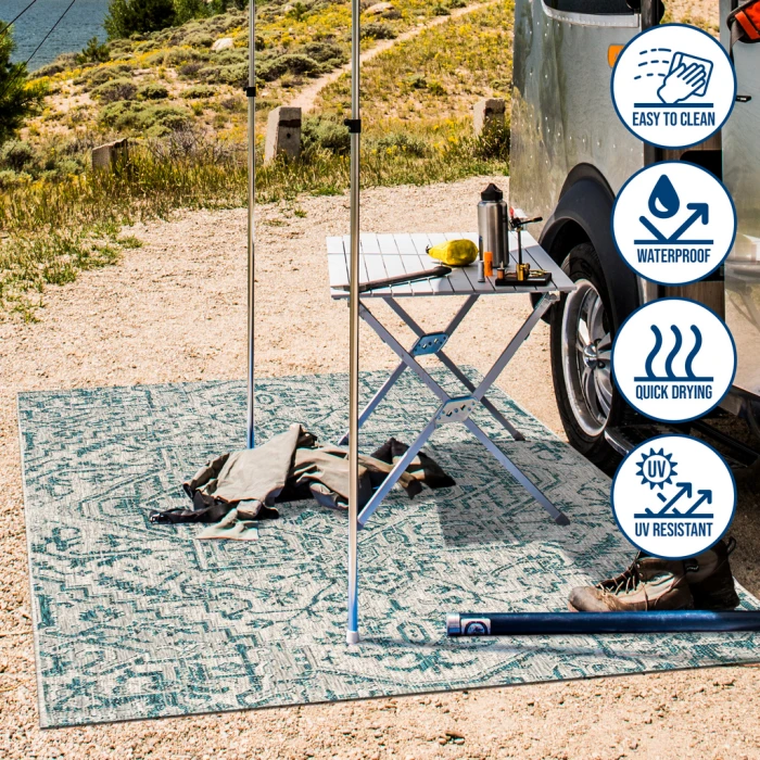 Estrella Bohemian Medallion Textured Weave Teal/Gray 2 ft. x 8 ft. Indoor/Outdoor Runner Rug