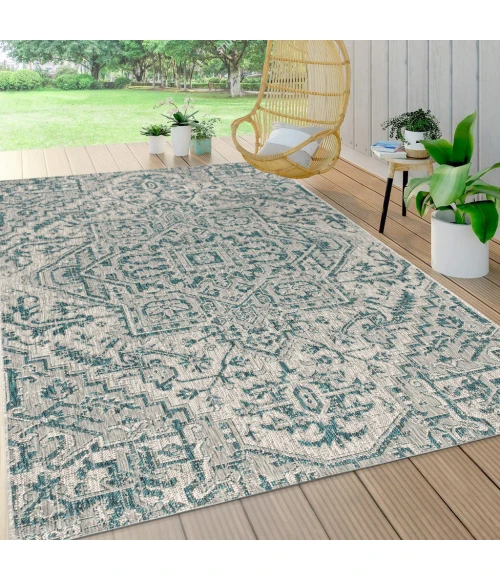 Estrella Bohemian Medallion Textured Weave Teal/Gray 4 ft. x 6 ft. Indoor/Outdoor Area Rug