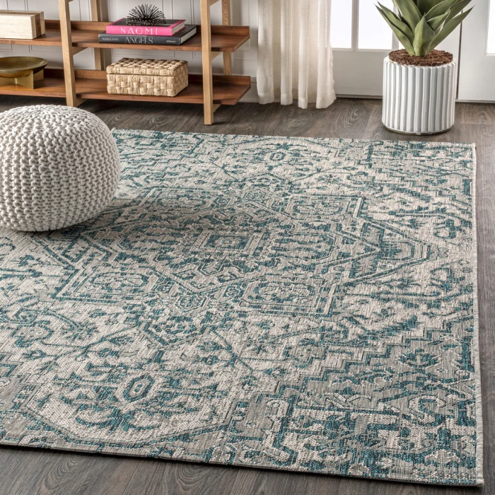 Estrella Bohemian Medallion Textured Weave Teal/Gray 9 ft. x 12 ft. Indoor/Outdoor Area Rug