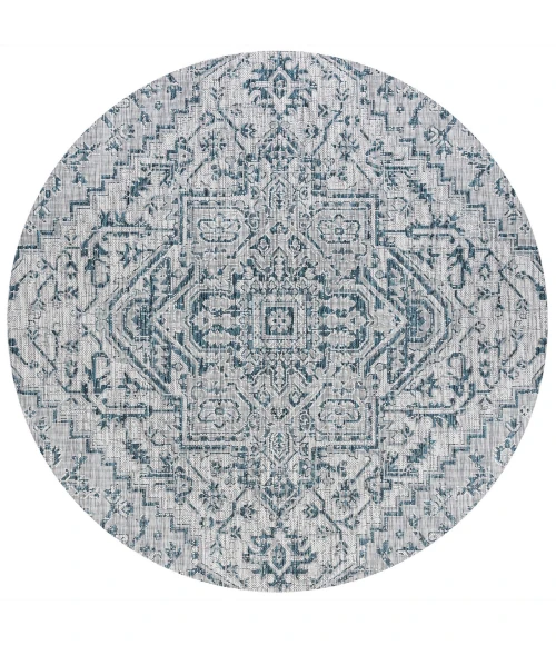 Estrella Bohemian Medallion Textured Weave Teal/Gray 5' Round Indoor/Outdoor Area Rug