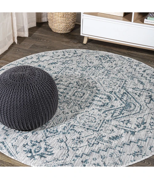 Estrella Bohemian Medallion Textured Weave Teal/Gray 5' Round Indoor/Outdoor Area Rug
