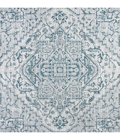Estrella Bohemian Medallion Textured Weave Teal/Gray 5' Square Indoor/Outdoor Area Rug