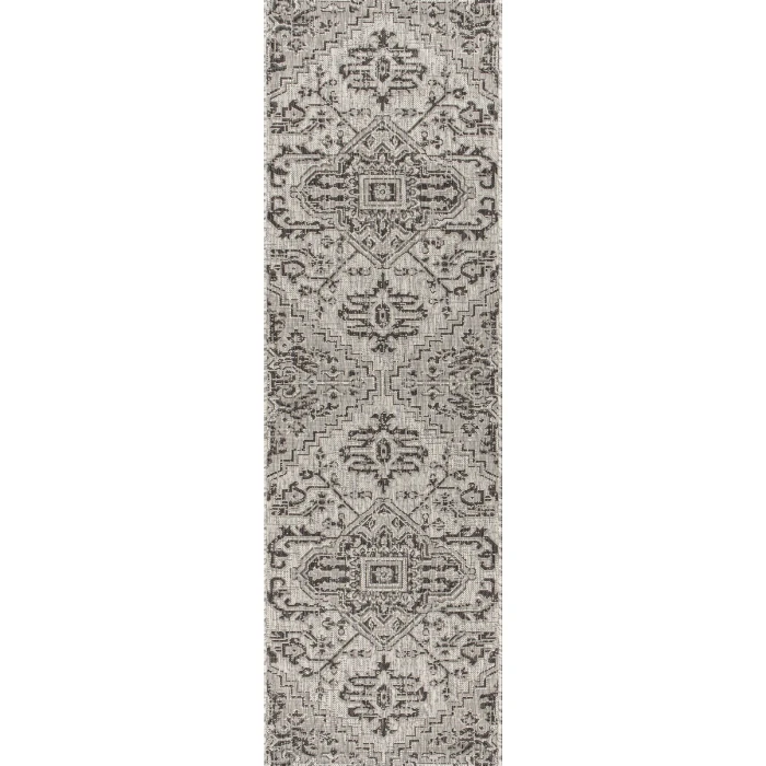 Estrella Bohemian Medallion Textured Weave Black/Gray 2 ft. x 10 ft. Indoor/Outdoor Runner Rug