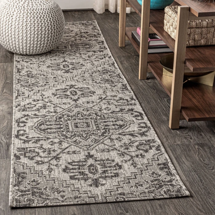 Estrella Bohemian Medallion Textured Weave Black/Gray 2 ft. x 10 ft. Indoor/Outdoor Runner Rug