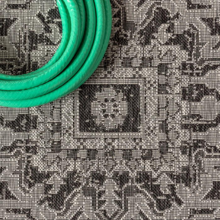 Estrella Bohemian Medallion Textured Weave Black/Gray 2 ft. x 10 ft. Indoor/Outdoor Runner Rug