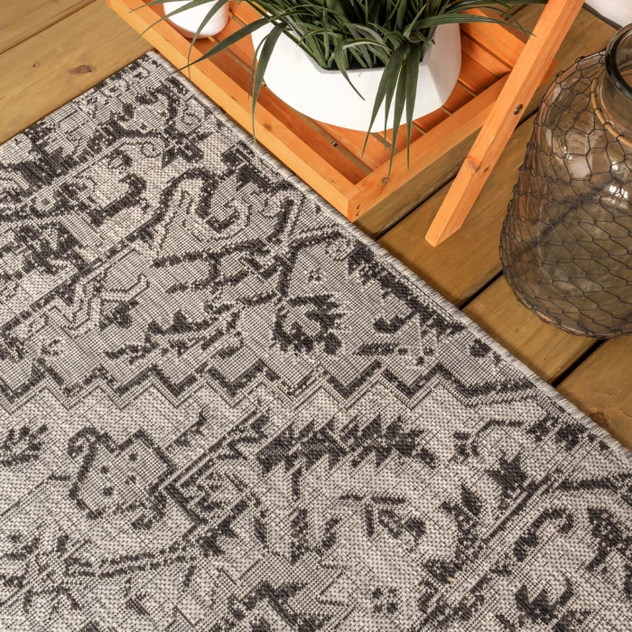 Estrella Bohemian Medallion Textured Weave Black/Gray 2 ft. x 10 ft. Indoor/Outdoor Runner Rug