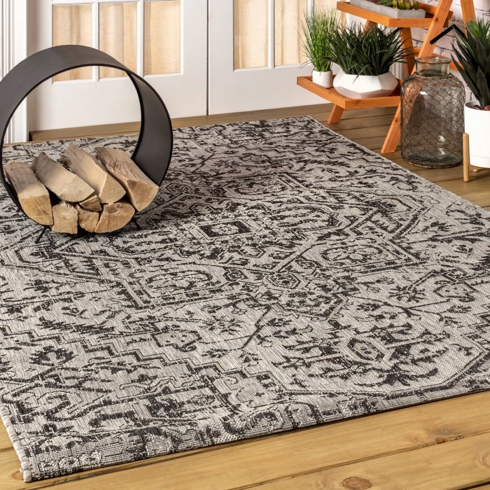 Estrella Bohemian Medallion Textured Weave Black/Gray 8 ft. x 10 ft. Indoor/Outdoor Area Rug