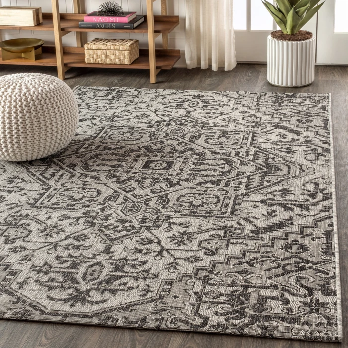 Estrella Bohemian Medallion Textured Weave Black/Gray 8 ft. x 10 ft. Indoor/Outdoor Area Rug