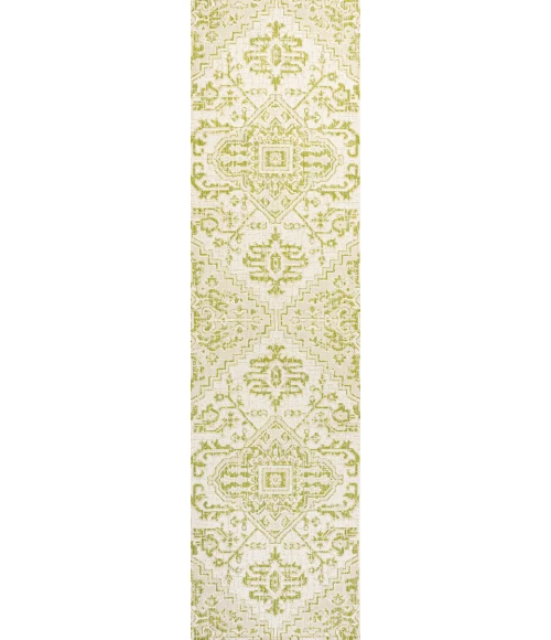 Estrella Bohemian Medallion Textured Weave Cream/Green 2 ft. x 8 ft. Indoor/Outdoor Runner Rug