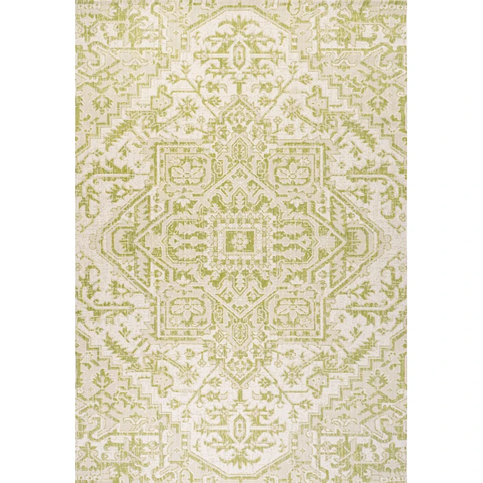 Estrella Bohemian Medallion Textured Weave Cream/Green 3 ft. x 5 ft. Indoor/Outdoor Area Rug