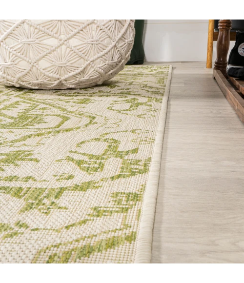 Estrella Bohemian Medallion Textured Weave Cream/Green 2 ft. x 8 ft. Indoor/Outdoor Runner Rug