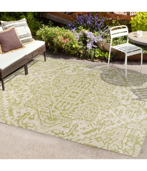 Estrella Bohemian Medallion Textured Weave Cream/Green 4 ft. x 6 ft. Indoor/Outdoor Area Rug