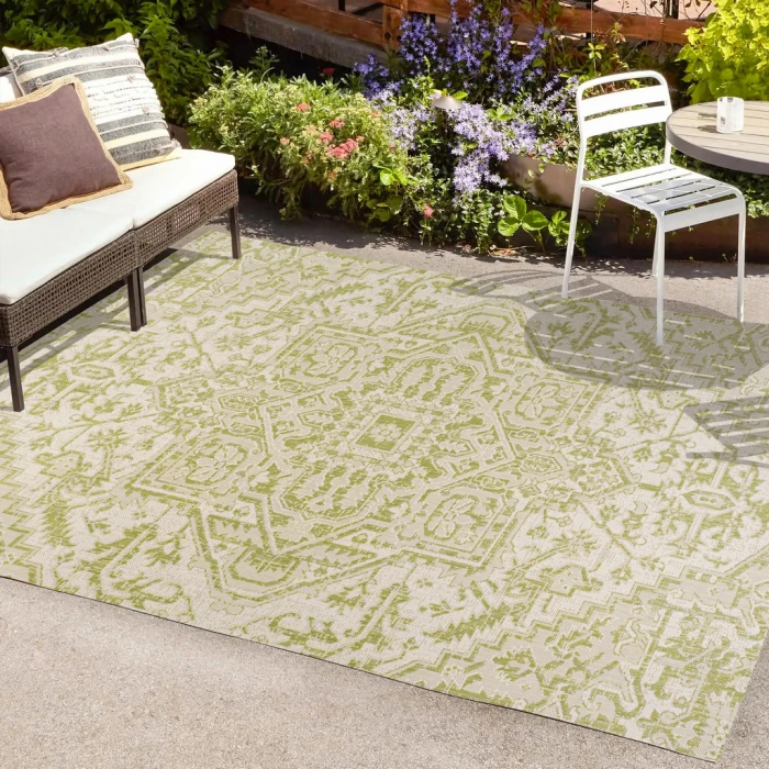 Estrella Bohemian Medallion Textured Weave Cream/Green 3 ft. x 5 ft. Indoor/Outdoor Area Rug