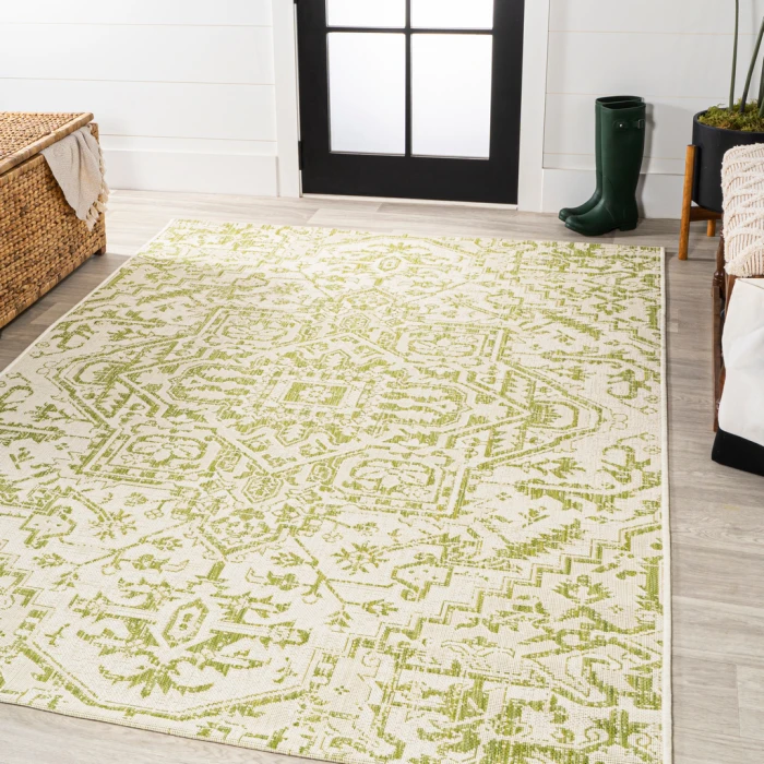 Estrella Bohemian Medallion Textured Weave Cream/Green 3 ft. x 5 ft. Indoor/Outdoor Area Rug