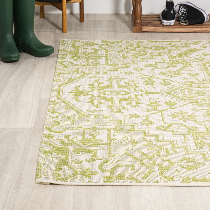 Estrella Bohemian Medallion Textured Weave Cream/Green 3 ft. x 5 ft. Indoor/Outdoor Area Rug