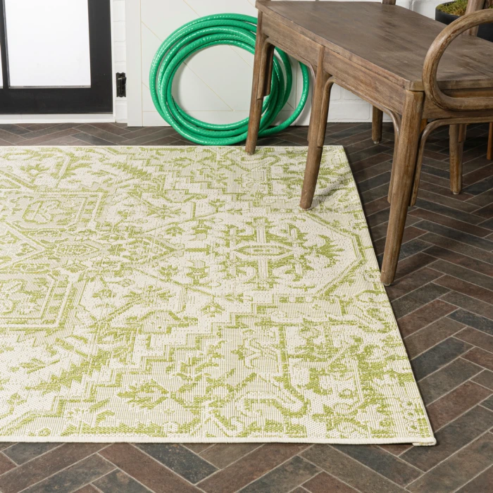 Estrella Bohemian Medallion Textured Weave Cream/Green 3 ft. x 5 ft. Indoor/Outdoor Area Rug